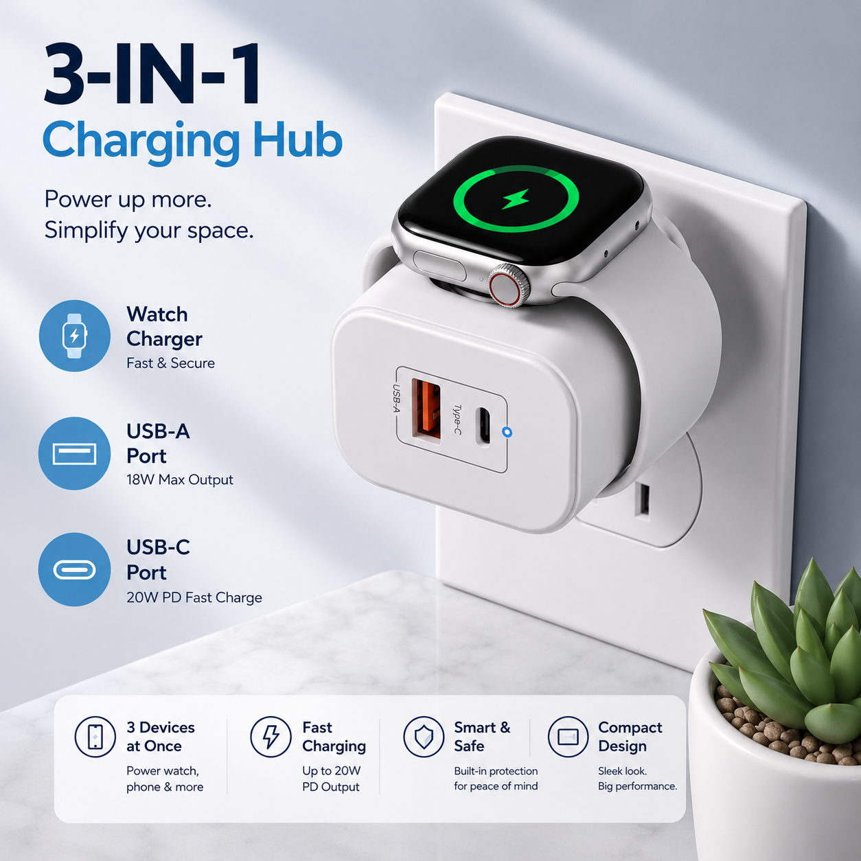 23W All-in-One Apple Watch & Dual-Port Charger-USB-C/USB-A