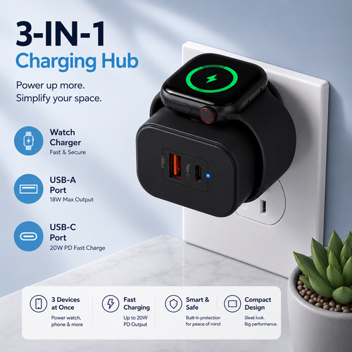 23W All-in-One Apple Watch & Dual-Port Charger-USB-C/USB-A